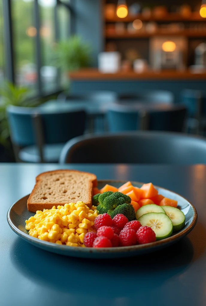 A healthy breakfast plate in a company canteen with dark blue tables 