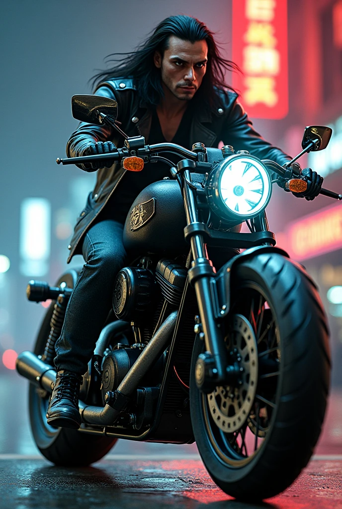 Dios on gang motorcycle dressed as a rocker