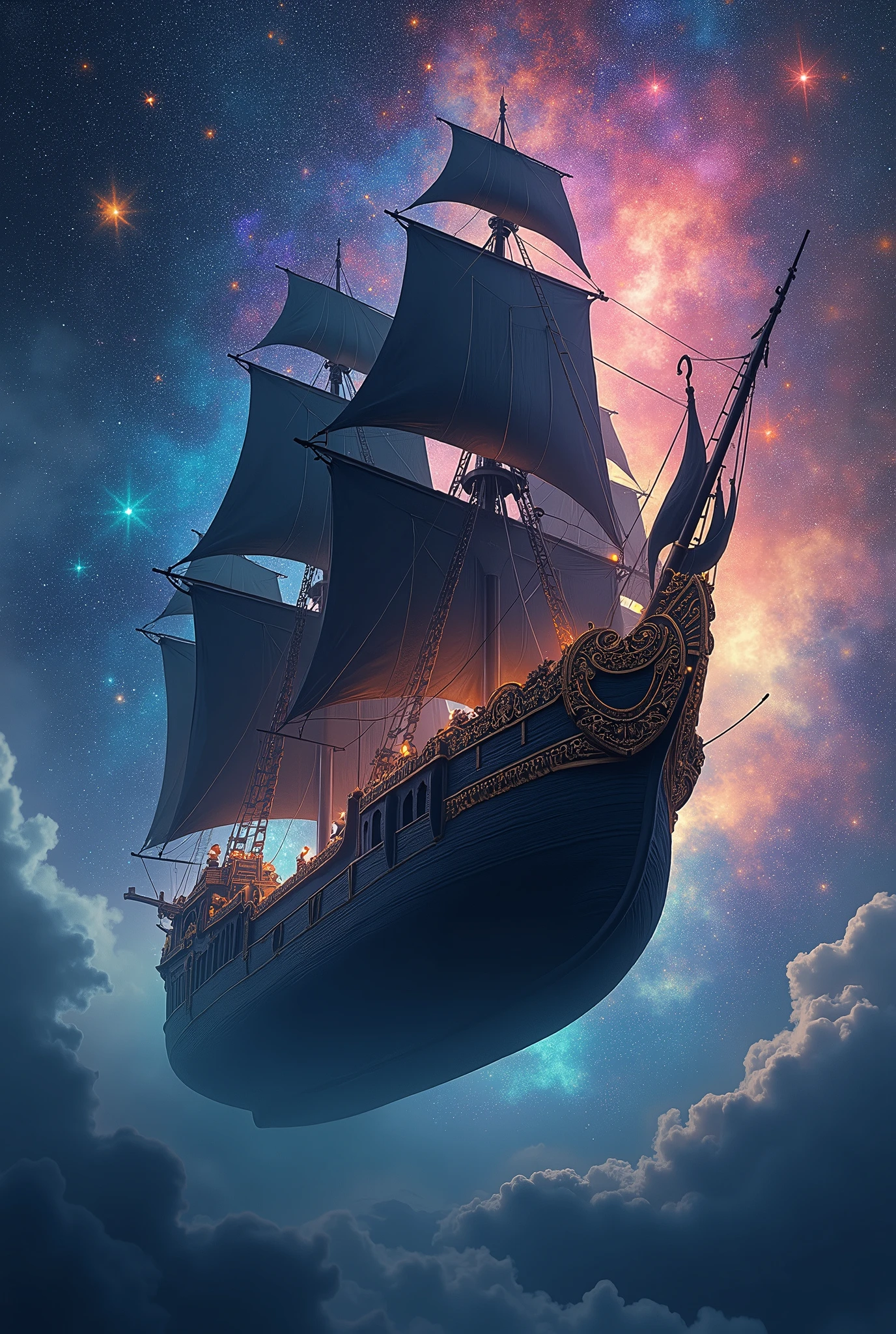 realistic photo of portuguese black ship floating in middle of starring sky, celestial, sky of colorful stars, fantasy theme, cinematic lighting, vibrant lighting