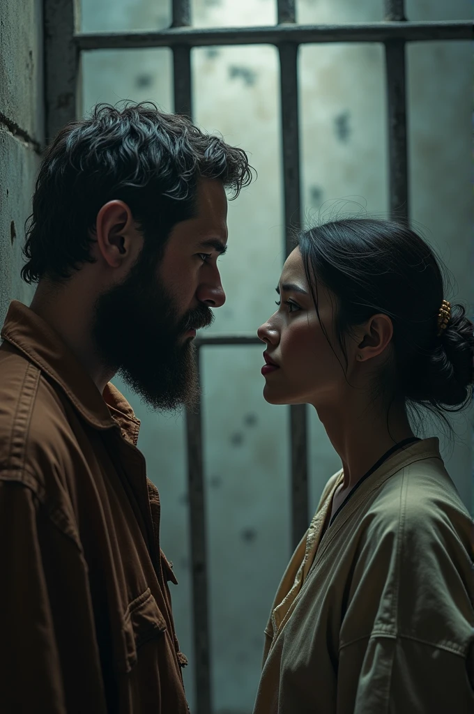 Draw me a picture in prison where a person with a beard recognizes a person who is his sister 