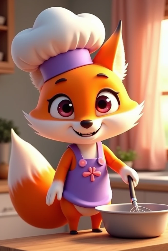 name: Foxy Frizz Style: Disney Pixar 3D Personality: friendly, Cunning, passionate about cooking and decorating.
Appearance:
colors: Vibrant shades of orange and white, purple and pink details.
Accessories: chef hat, purple apron with pink details, and kitchen utensils (like a spatula or wooden spoon).
Expressions: warm smile, olhos grandes e brilhantes.
Activities and Poses:
cozinhando (stirring a pan, preparing a dish).
Decorating (holding a plant or setting a table).
Giving home tips (pointing to a tip board).
Interactivity on the Website:
Hover animations (wink, TO WAVE, dance).
Friendly messages and helpful tips.