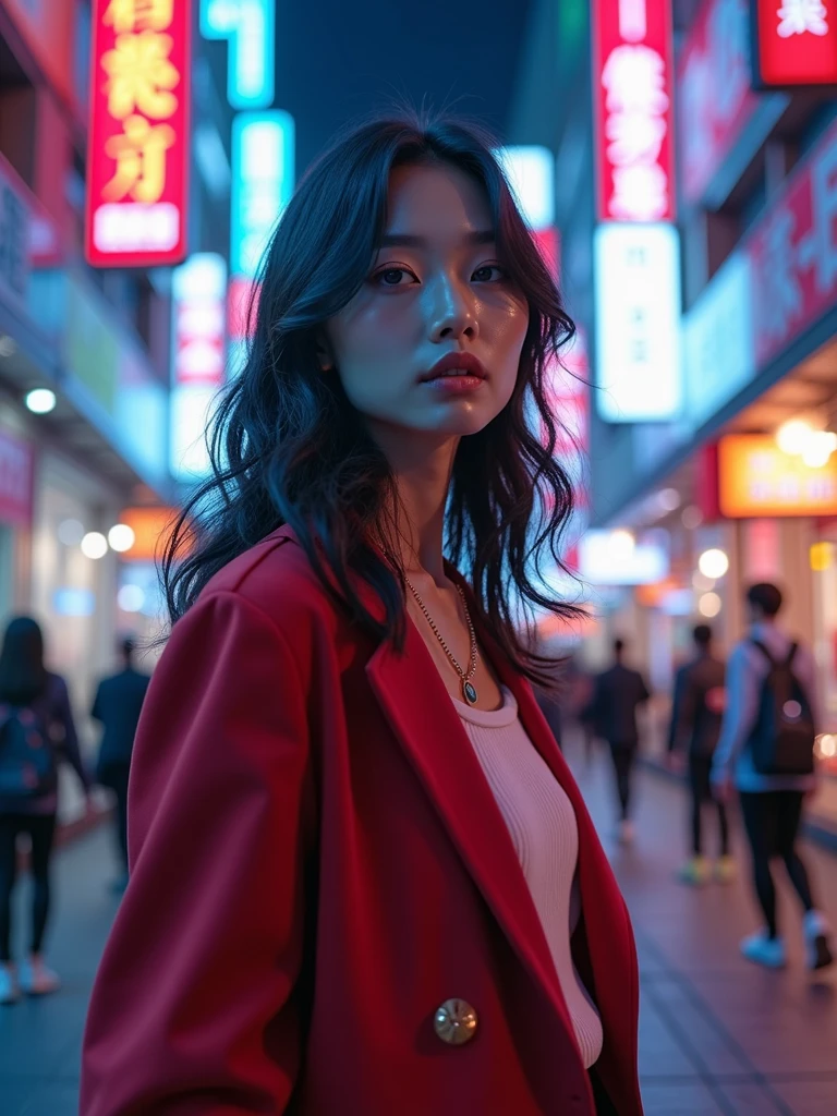 8k Beautiful Asian Woman, big , walking on the Tokyo city with a Neon Colors behind
