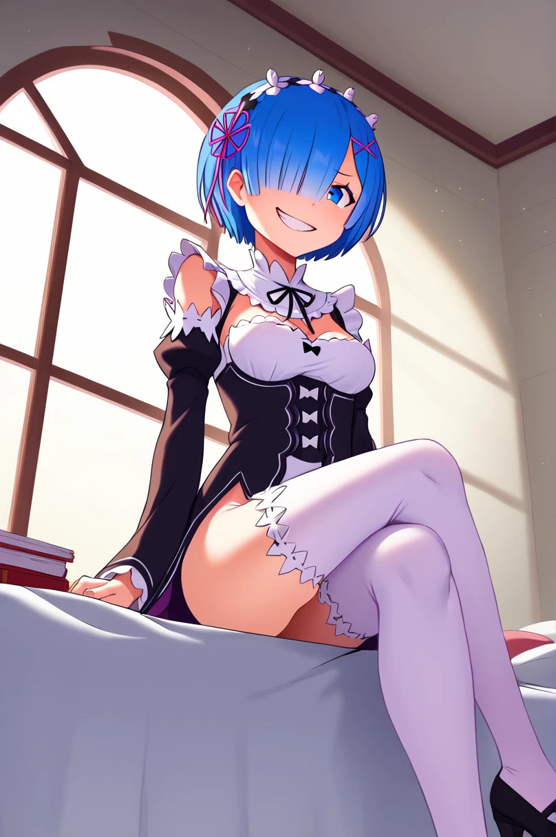 score_9, 
gesugao, evil grin, 
rem \(re:zero\), medium breasts, hair over one eye, white thighhighs, 
from below, sitting, crossed legs, 
indoors, on bed, 
high resolution, Masterpiece, 
rating_safe