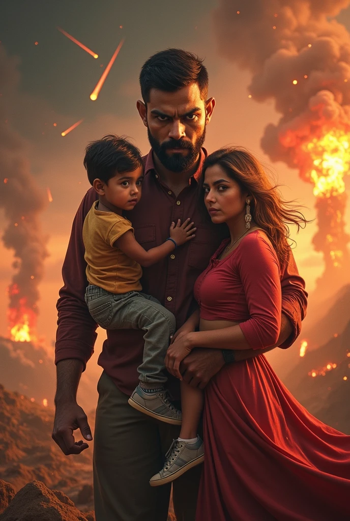VIRAT KOHLI IN VERY aggresive mood meteors falling in the background and so many volcanos are  blasting in aggression of virat kohli anushka sharma in his right side and her daughter and son in his hands with the same background 