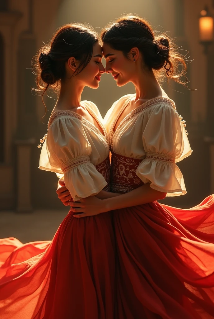 A marinera dancer smilingly looking at the face of another dancer, They are face to face as if they were going to kiss..