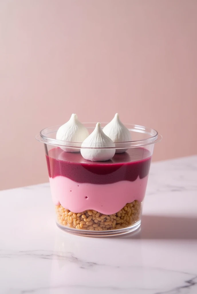 Clear plastic dessert container, It has two levels of guava cream inside., first layer is pink, second layer of burgundy color and white meringue decoration