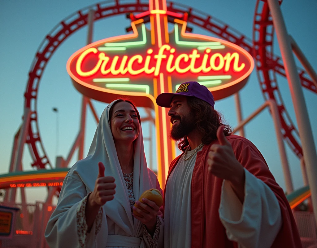 Jesus Christ and Mary stood in front of a theme park rollercoaster named "Crucifiction"
Jesus is wearing a baseball cap with a crown of thorns design whilst pointing at the neon sign showing the name of the ride with a thumbs up.
Mary is stood at his side laughing as she finds the situation hilarious. She is holding a hotdog. 90's 35mm camera shot. Hyper realistic image.