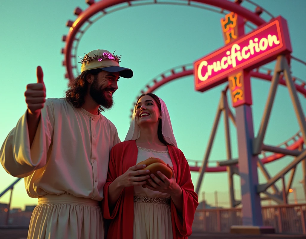 Jesus Christ and Mary stood in front of a theme park rollercoaster named "Crucifiction"
Jesus is wearing a baseball cap with a crown of thorns design whilst pointing at the neon sign showing the name of the ride with a thumbs up.
Mary is stood at his side laughing as she finds the situation hilarious. She is holding a hotdog. 90's 35mm camera shot. Hyper realistic image. 