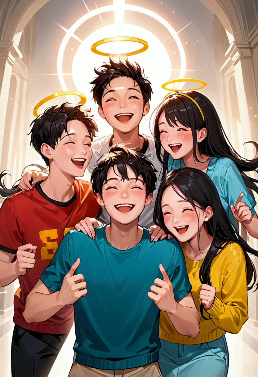 Group of friends with 3 boys 2 girls, laughing, having fun, halo, fun vibes, campus students
