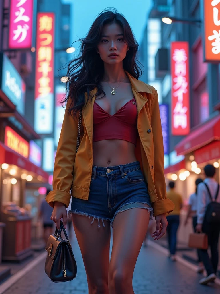 8k Beautiful Asian Woman, big , walking on the Tokyo city with a Neon Colors behind
