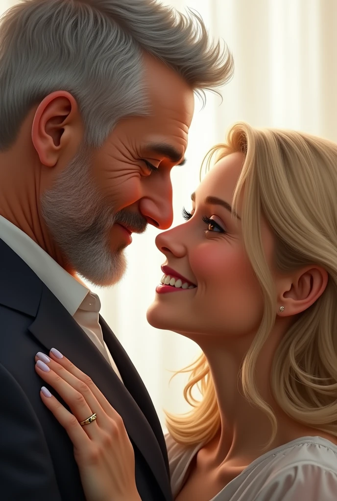 Couple smiling at each other. He has gray hair and a beard and she has shoulder-length blonde hair and honey-colored eyes.