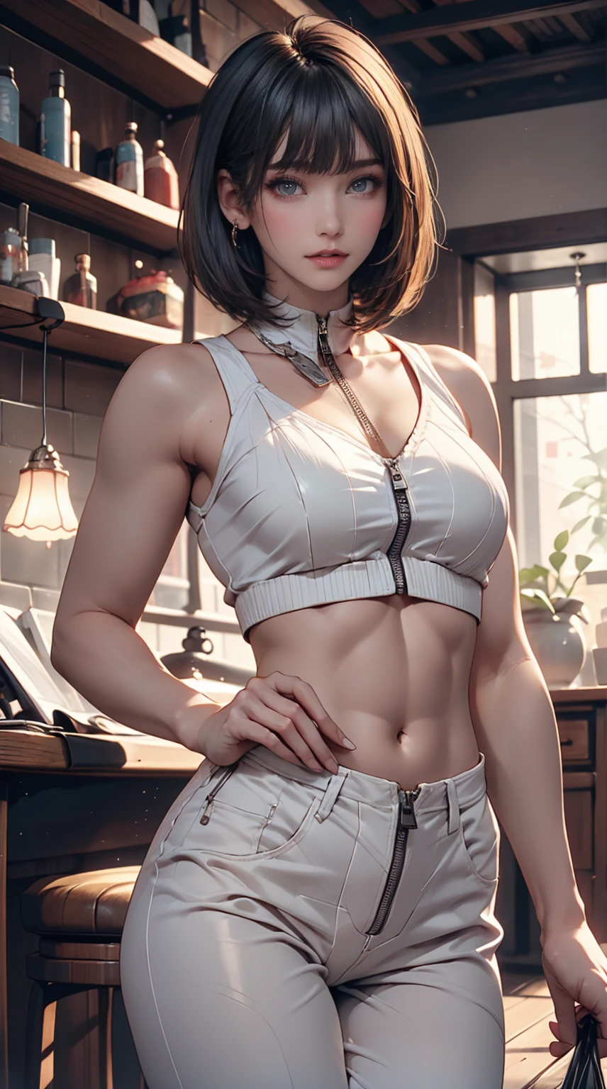 24-year-old woman、Attractive Young Woman, (Beautiful Face:1.1), Detailed eyes, Seductive lips, (eye make up:1.2), (Medium chest:1.0), (Toned body:1.2), Sexy proportions、Narrow waist、High neck zipper up top、Low rise leggings、High heels、Silver Hair、Bob Hair((bob cut))、Deco bangs((bangs pinned back))、