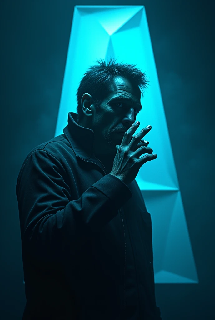A dark bad man drunk, background 3d letter A blue color,and he is smoking