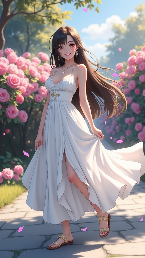 (masterpiece、Highest quality、8k、High resolution)、(One female、Beautiful Face、Beautiful eyes、Beautiful lips、Beautiful nose)、smile、The white upper teeth are faintly visible、Brown-black hair、(The best girl in anime)、garden、blue sky、Colorful flowers are blooming、Vibrant colors、Red roses are beautiful、(Body、whole bodyから神秘的な光の粒子、Colorful light particles、A mysterious light glowing around the head)、melt、jewelry、necklace、dress、(whole body)、Highly detailed anime art、A complete portrayal、