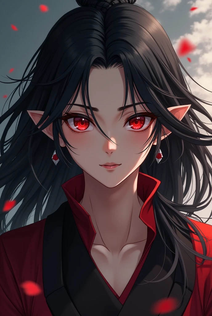 Full body image,young handsome protagonist xianxia,long black hair,red crimson eyes,mysterious smile,manipulative face,ultra hd ,better quality