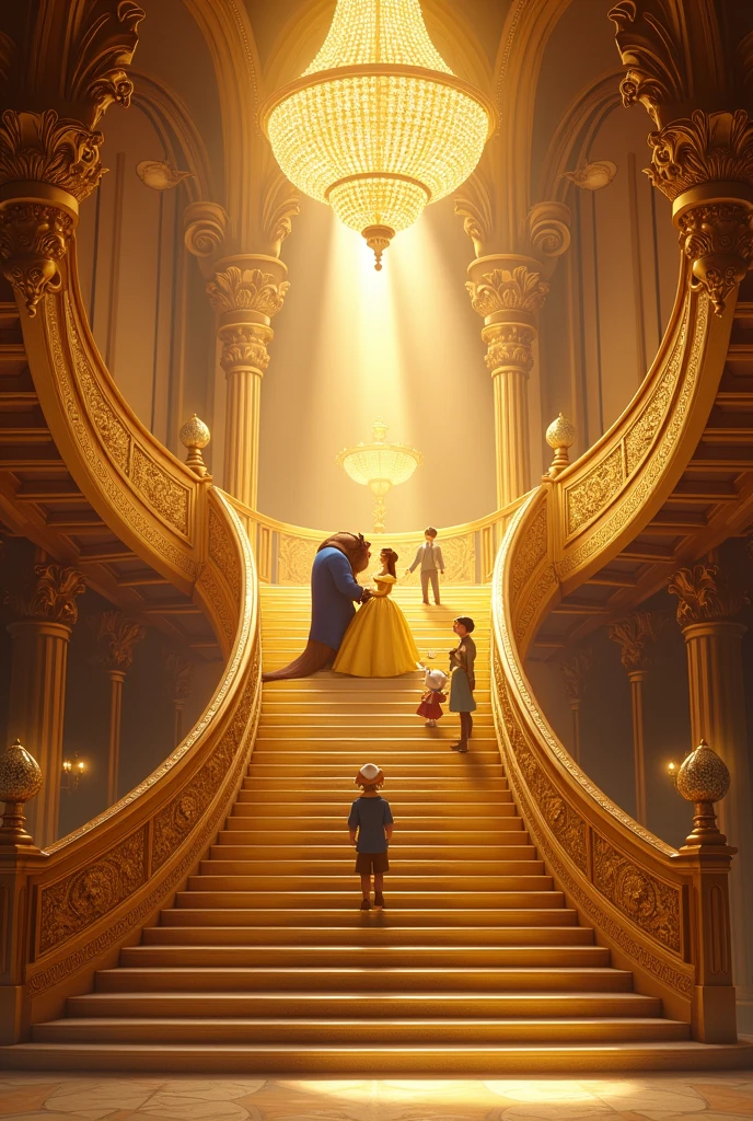 golden staircase, with a beautiful chandelier and characters from the movie Beauty and the Beast