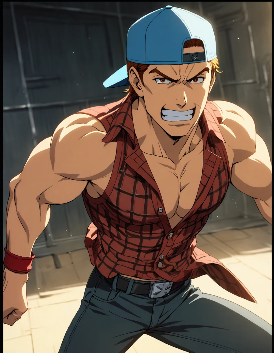 1man, naughty heroic guy in fighting game, middle muscular, very short hair, blond, masculine, handsome, brown eyes, solid chinpira, BREAK tsurime, wild caucasian, tough yarichin, abs, >:>, smug, thick abs, cool emotion, sharp eyes, BREKK backwards hat, open shirt, cropped shirt, red collared shirt, sleeveless shirt, brown plaid shirt, blue baseball cap, jeans, red wristbands, provocative motion, BREAK solo, upperlegs, dynamic expression, game keyvisual, 1990s, in capcom art style, in color comic style, BREAK depth of field, dutch angle, cinematic shadows, cinematic lighting, texture, absurdres absolutely resolution, extreme all detailed, greatest painting, BREAK masterpiece, best quality, BREAK score_9, score_8_up, score_7_up, source_anime, rating_safe, score_6_up, score_5_up, score_4_up