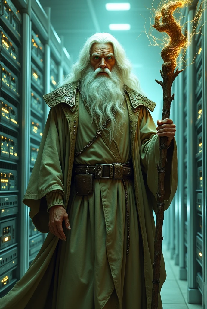 Old Zeus style wizard, long white hair, bright green eyes with a pointy hat , wearing old clothes, holding a staff with writing on it "Froggus", he is in the middle of futuristic technological servers