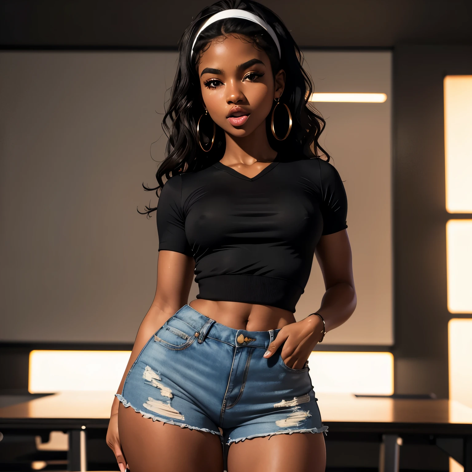 Masterpiece, high quality, high resolution, volumetric lighting, subsurface scattering, 8k, Beautiful woman, (dark skin), phillipino, college student, uniform, (tight-blouse), (cotton-shorts:1.2), wavy hair, headband, hoope earings, classroom, sexy pose, seductive pose, ((slim thick body:1.4)), thick thighs, round-butt, open mouth, big lips, screaming, orgasm, night time, eyes closed