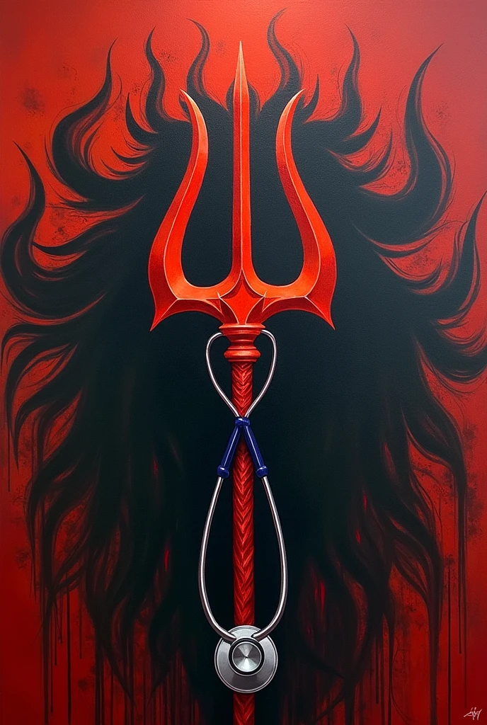 Ok. I'm an artist. I want to show my protest against the recent rape case of R G Kar hospital kolkata through my art. My idea is there will be a red colour trishul, and the middle knife of the truahul there will hang a thetoscope that will indicate doctors. Overall the painting will be a collaboration of ma kali roop and doctor