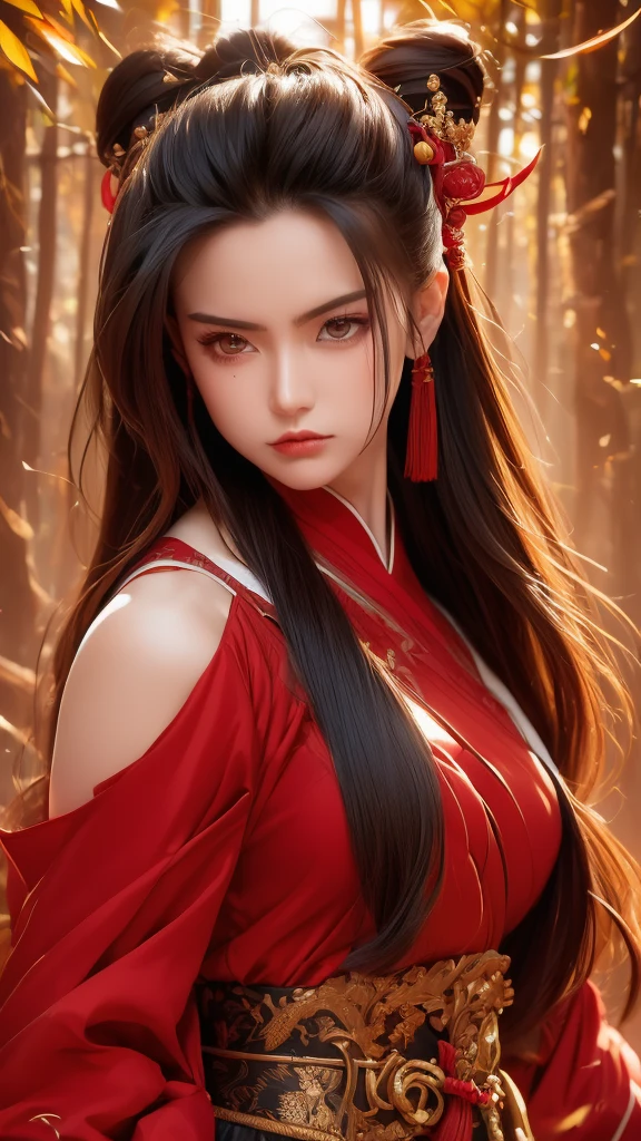 (dramatic, intense, fierce:1.4), masterpiece, best quality, 8k, crazy details, intricate details, super detailed, super high quality, high level of detail, extremely detailed, Masterpiece, a girl, solo, hanfu, dress, red ribbon, jewelry, wind, long sleeves, long hair, hair accessories, hairpin, (full body:1.1), holding a weapon, sword, looking at the audience real bamboo forest architecture of China One tense scene (Visual impact, giving the poster a dynamic and impressive visual appearance:1.2), Chinese Zen style, impactful image,