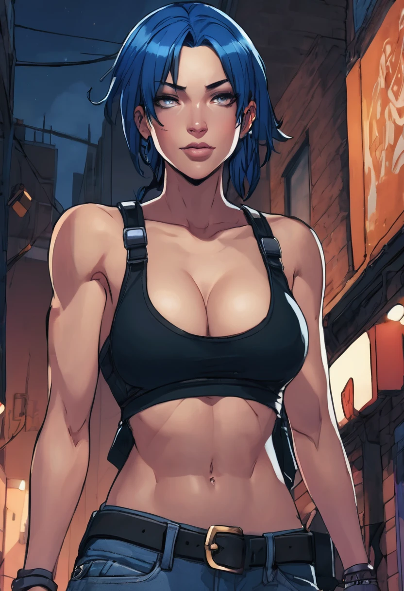 (good quality), (many details), (masterpiece), A close-up of a person in jeans and a tank top, portrait of Jinx from Arcana, dark blue hair, powerful, athletic, serious melancholic face, small breasts, black band on upper arms, strong, in an alley at night,