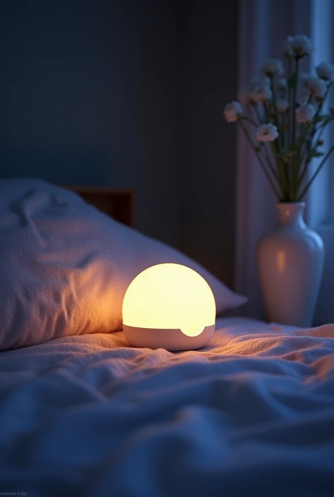 There is a small alarm clock on the table next to the bed., Night Light, mood light, Night Light, Room, Holding a night light, Beautiful and lovely lighting, Very soft diffuse light, Warm ambient light, Soft warm light, Warm dim lighting, paisible Night Lighting, Ambient yellow light, Soft warm lighting, Beautiful soft light