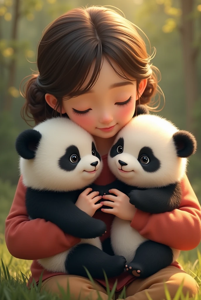 2 twin panda babies with a human mom