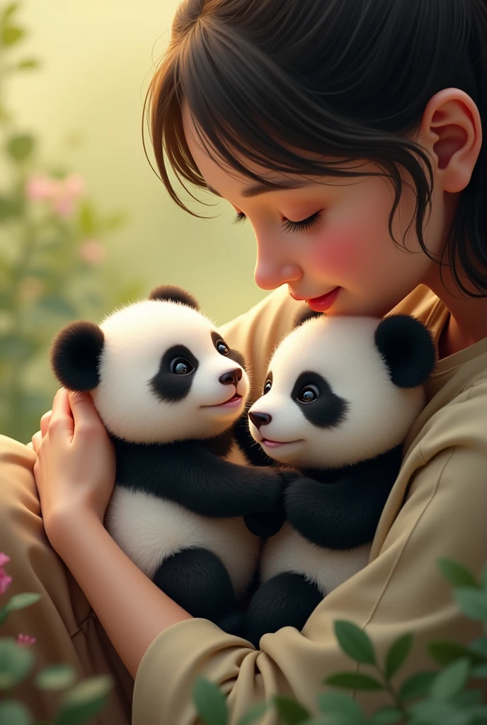 2 twin panda babies with a human mom