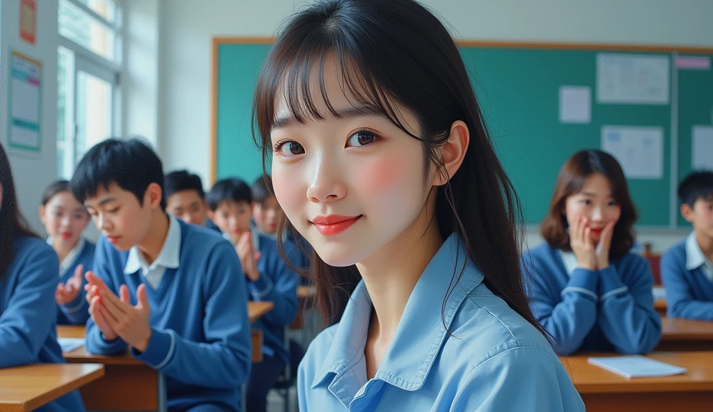 A stunning and oil painting of a young Korean woman, -19, beautifully portrayed with a joyful and melancholic expression. She is standing at her place in classroom of her school, with a little smile on her face, there are other students behind her, in the classroom sitting on their respected desks. students are looking at her and clapping for her, feeling happy for her. wide angle, adding to the sense of unease. The painting exhibits a real-like, impressionistic style, with visible brushstrokes that create a sense of depth and texture. The color palette primarily consists of bright blue, grays, and blacks, evoking a light atmosphere.