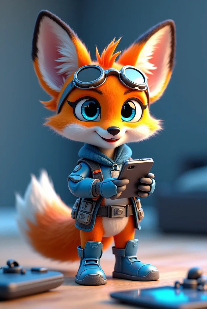 Section Mascot Creation "electronics"

Create a 3D Disney Pixar style fox named Techie the Fox. She must be curious and enthusiastic about technology., with a vibrant appearance:

colors: Orange and white with metallic or technological details in blue and silver.
Accessories: futuristic glasses, technological tool belt, and a tablet or remote control.
Expressions: Cheerful smile and bright eyes.
Activities and Poses:

Manipulating gadgets such as a tablet or electronic device.
Showing working gadgets like a computer or smartphone screen.
Giving tips on technology, pointing to a screen with tips or showing a device in use.
Interactivity on the Website:

Hover animations (wink, make a technological demonstration, ou girar um gadget).
Friendly messages and tips about electronics and technology.