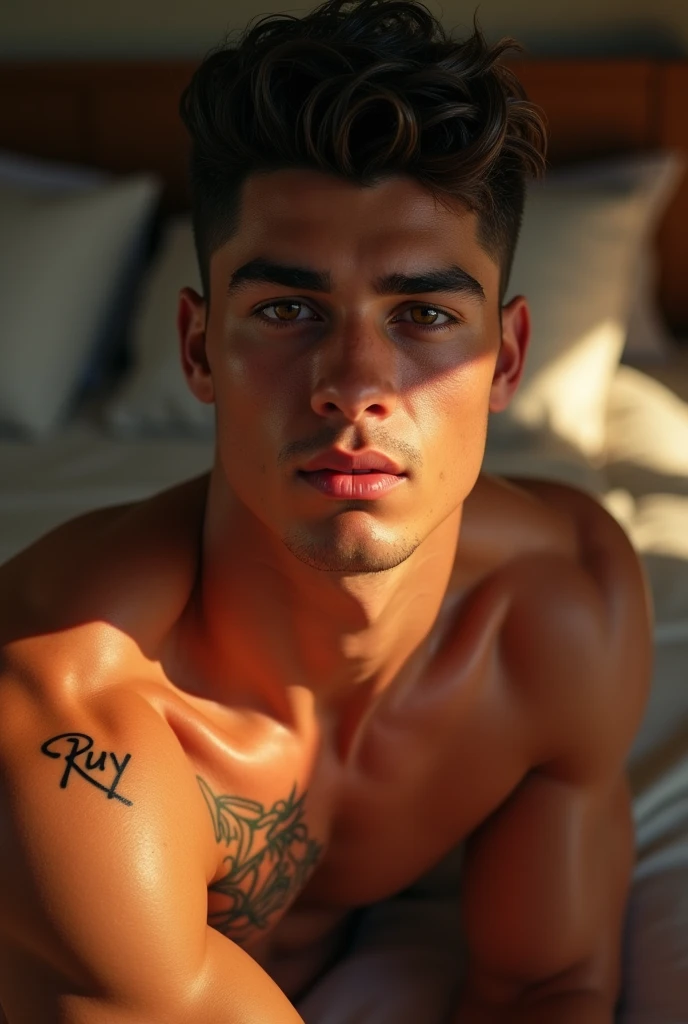 a young man AI high quality muscular tattoo with name “ruy” tanned skin piercing gaze pink mouth with sun on face with realistic animated bedroom background
