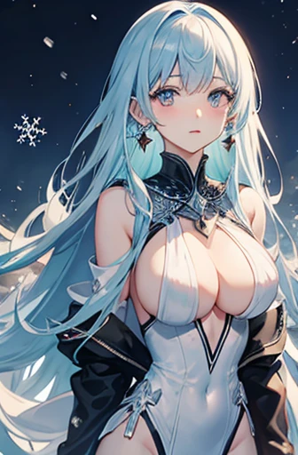 Anime, woman, long hair, pale blue hair, pink eyes, gently, earrings, big boob, wearing a black dress, beautiful, elegant, pure, fantasy, ice, snowflake, snow land, cool, noble,