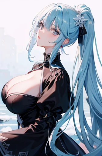 Anime, woman, long hair, pale blue hair, pink eyes, gently, earrings, big boob, wearing a black dress, beautiful, elegant, pure, fantasy, ice, snowflake, snow land, cool, noble,