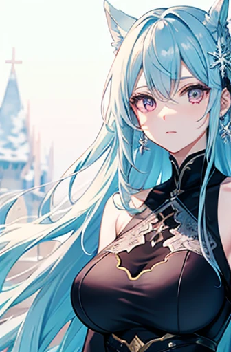 Anime, woman, long hair, pale blue hair, pink eyes, gently, earrings, big boob, wearing a black dress, beautiful, elegant, pure, fantasy, ice, snowflake, snow land, cool, noble,