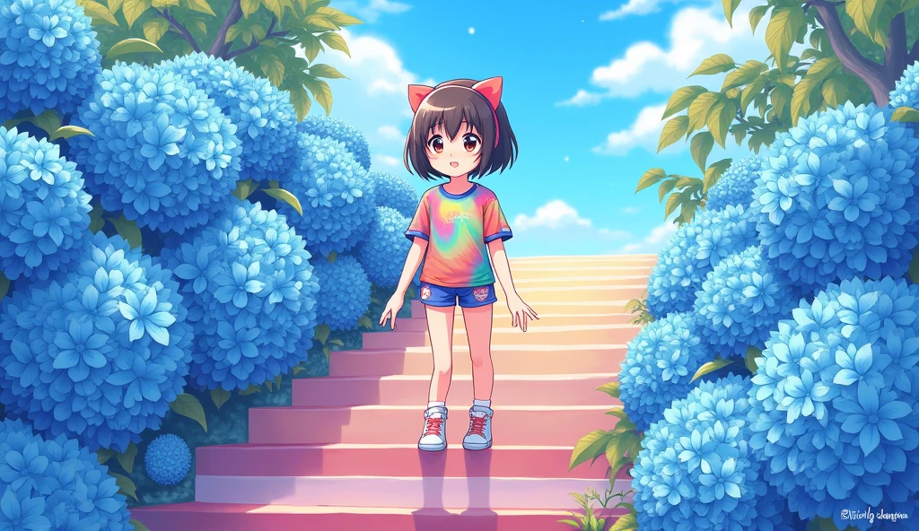 The image is a digital illustration of an anime-style character wearing a Rainbo colour shirt and shorts, standing on a staircase with blue flowers in the background.