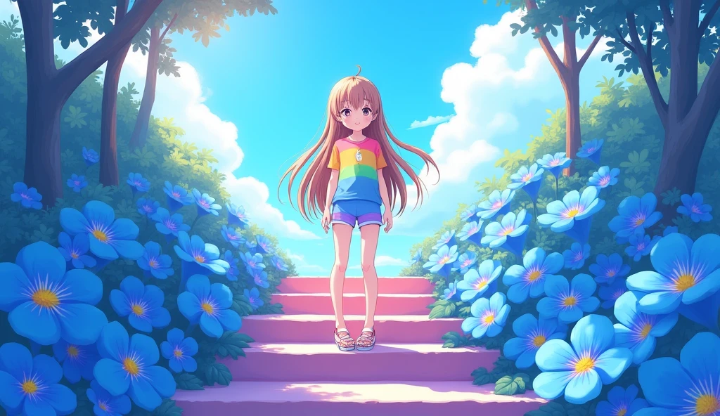 The image is a digital illustration of an anime-style character wearing a Rainbo colour shirt and shorts, standing on a staircase with blue flowers in the background.