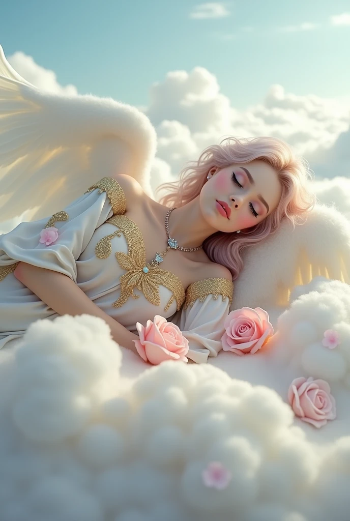 sky view image depicting a gorgeous angel laying down on a fluffy cloud. She has pale white skin, crystal blue eyes, glossy round softly open pink lips, soft pink hair. She is wearing white and gold robes. Her chest is covered by golden jewelry and pink roses. Her gaze depicts her in a daydreaming state