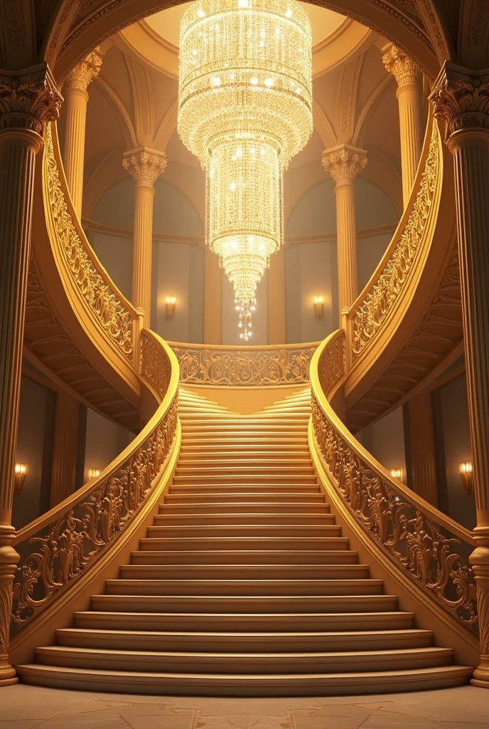 golden staircase, with a beautiful chandelier  