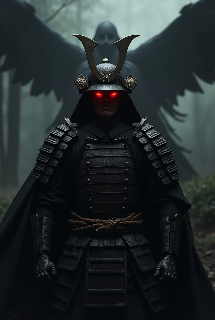 samurai red light eyes, and the black shadow behind him