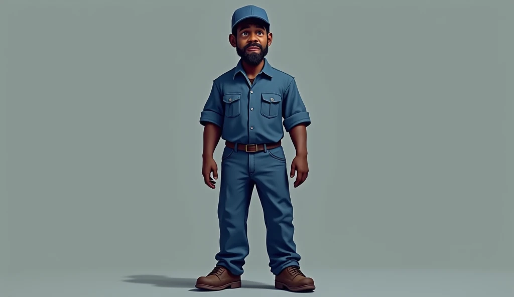 tired black man wearing blue work uniform with cap show full body