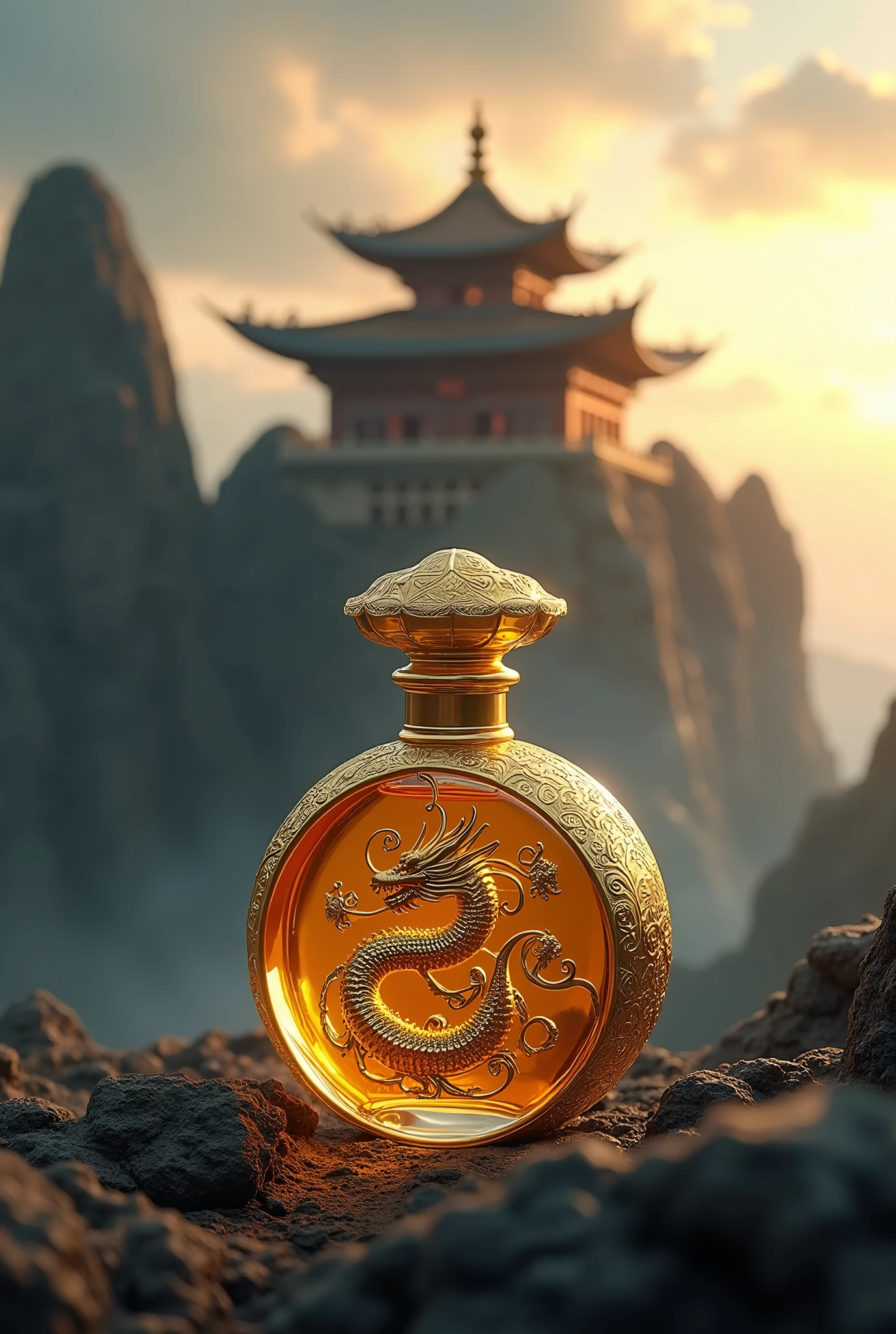 perfume commerical ad , golden perfume with logo of chinese dragon , white background ,3D , cinematic atmosphere , dramatic lighting , on top of mountain , fantasy building , mystery , realism , ray tracing , Fujifilm , motion blur