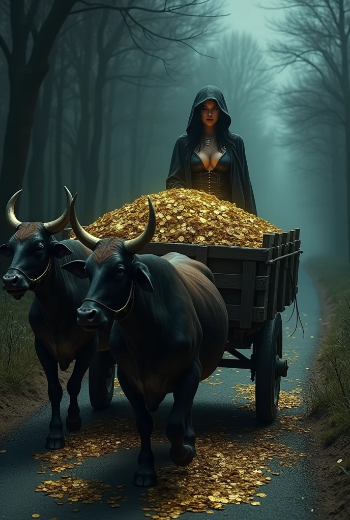 A cart filled with money letter with two Ox walking on the black road And Control by a sexy lady wearing small Hoody