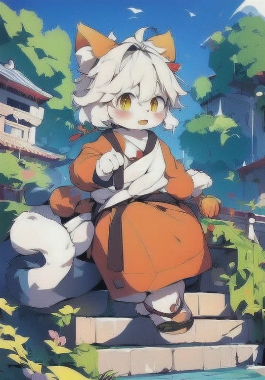 Cat Boy,Q version,cute,Hairy all over,Big furry tail,Orange white fur,Silver hair,Golden Eyes,Hanfu,Chinese-style palace,blush,Smile