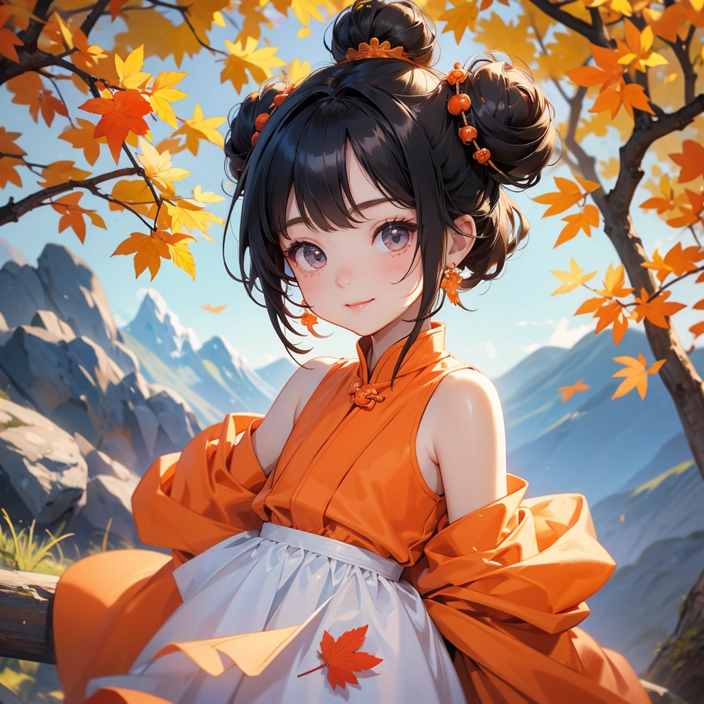A chibi child girl had a small face and Wearing white little Taoist priest's outfit. A pair of big round eyes shone with curiosity about him. This child was so cute, The backdrop is a mountain that turns orange-red in spring, and maple leaves fall from the trees.
her hair is black with two buns on her hair.small chibi, chibi baby, smiling ,Chibi.