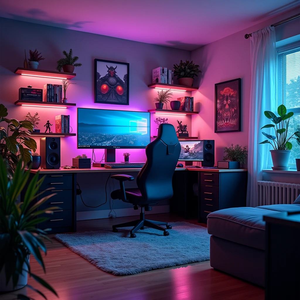 Montre moi la vue d'une camera d'un ordinateur d'une chambre gaming sans aucune personne dans le decors