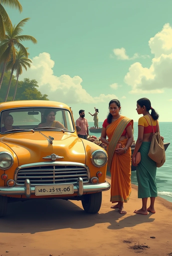 There is a premier padmini car.
A traditional tamil nadu women a middle age man and a women standing next to it. A middle aged girl in a boat with her bags with somepeople going to another place. A bearded middle aged man painly saying goodbye from the land. She too saying goodbye crying. It is a human transportation boat.