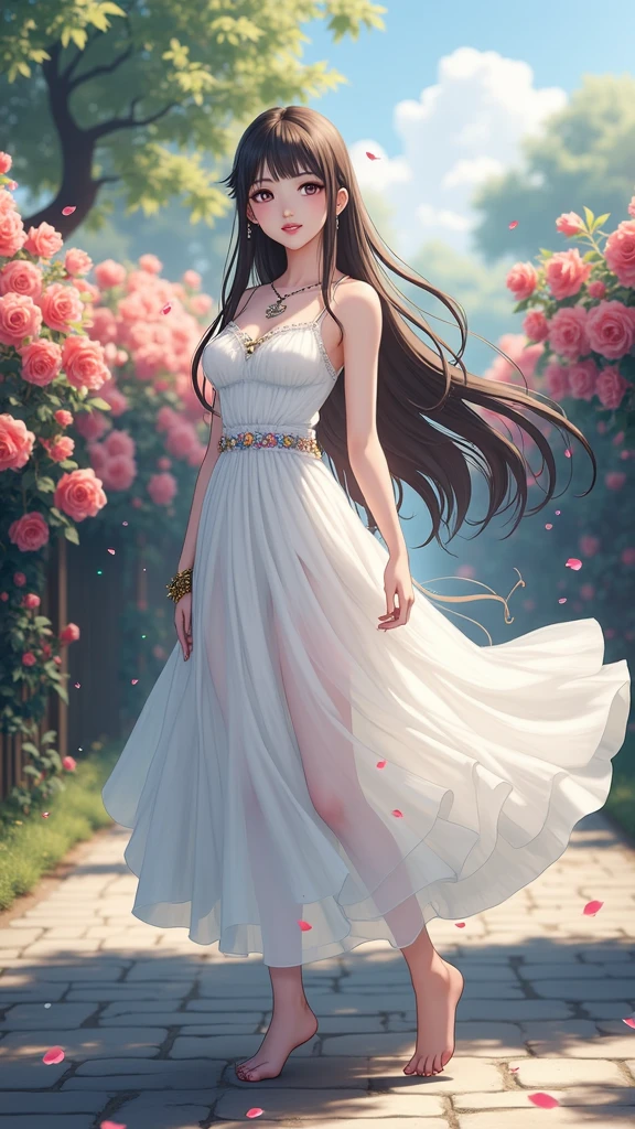 (masterpiece、Highest quality、8k、High resolution)、(One female、Beautiful Face、Beautiful eyes、Beautiful lips、Beautiful nose)、smile、The white upper teeth are faintly visible、Brown-black hair、(The best girl in anime)、garden、blue sky、Colorful flowers are blooming、Vibrant colors、Red roses are beautiful、(Body、whole bodyから神秘的な光の粒子、Colorful light particles、A mysterious light glowing around the head)、melt、jewelry、necklace、dress、(whole body)、Highly detailed anime art、A complete portrayal、