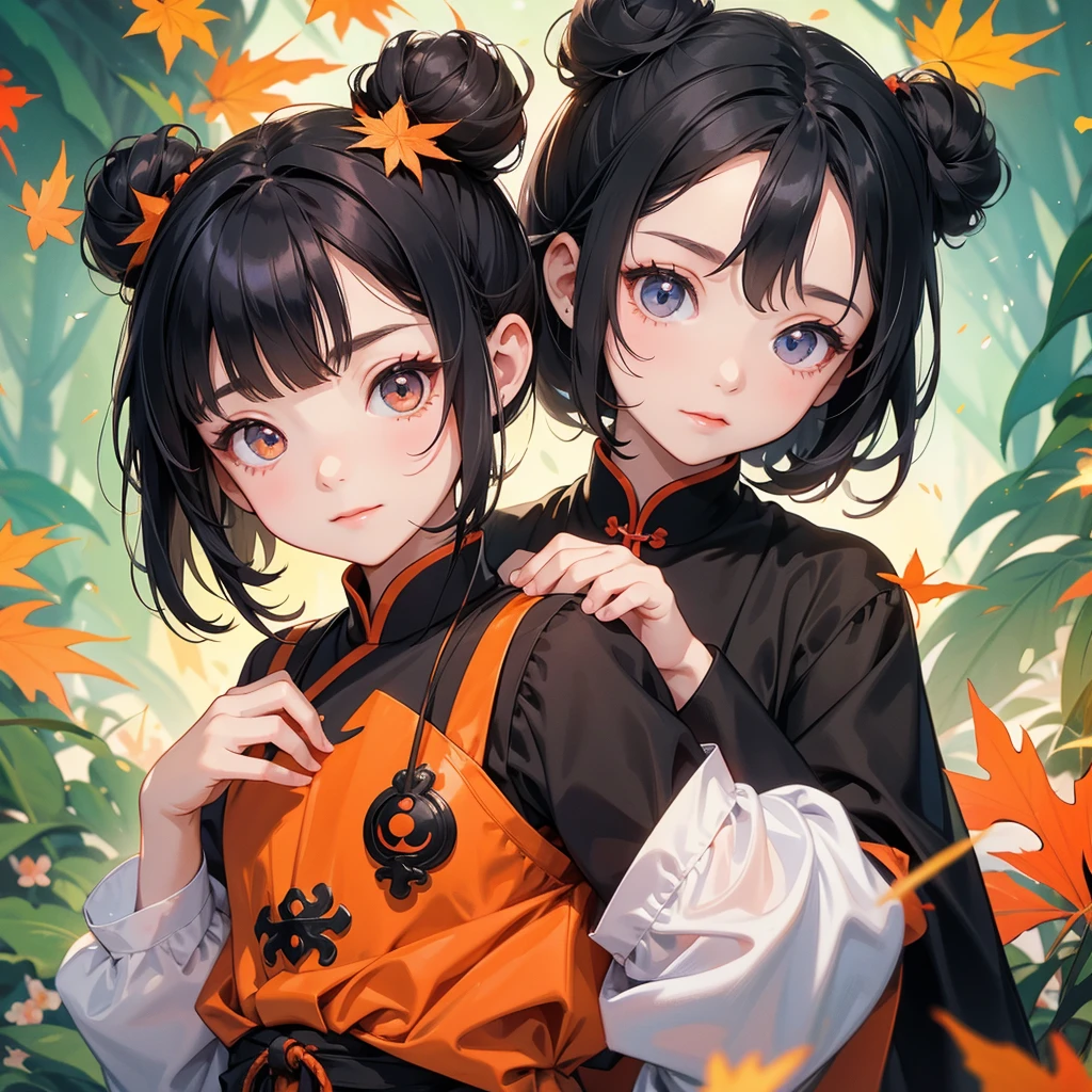 A chibi child girl had a small face and Wearing black little Taoist priest's outfit. A pair of big round eyes shone with curiosity about him. This child was so cute, The backdrop is a mountain that turns orange-red in spring, and maple leaves fall from the trees.


her hair is black with two buns on her hair.small chibi, chibi baby, smiling ,Chibi.

