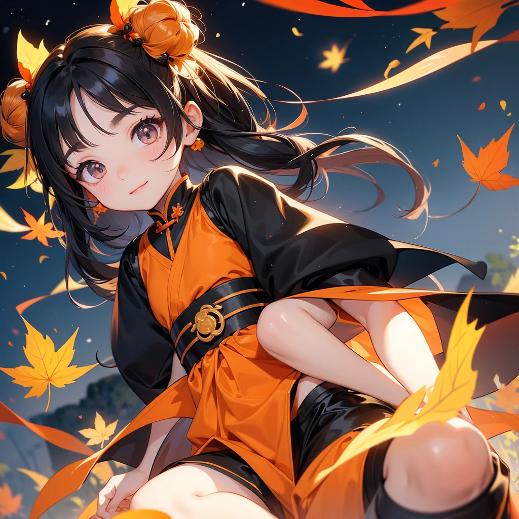 A chibi child girl had a small face and Wearing black little Taoist priest's outfit. A pair of big round eyes shone with curiosity about him. This child was so cute, The backdrop is a mountain that turns orange-red in spring, and maple leaves fall from the trees.


her hair is black with two buns on her hair.small chibi, chibi baby, smiling ,Chibi.

